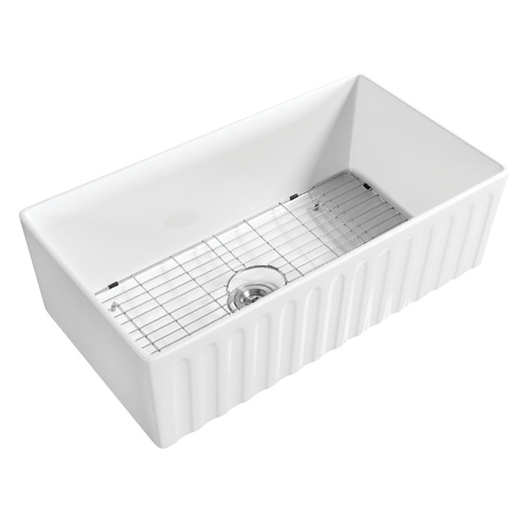 Glossy White Ceramic Apron-Front Farmhouse Kitchen Sink with Bottom Grid