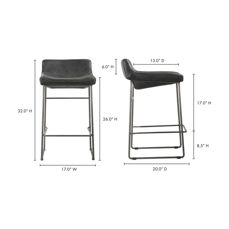 Black Genuine Leather and Iron Saddle Counter Stools, Set of 2