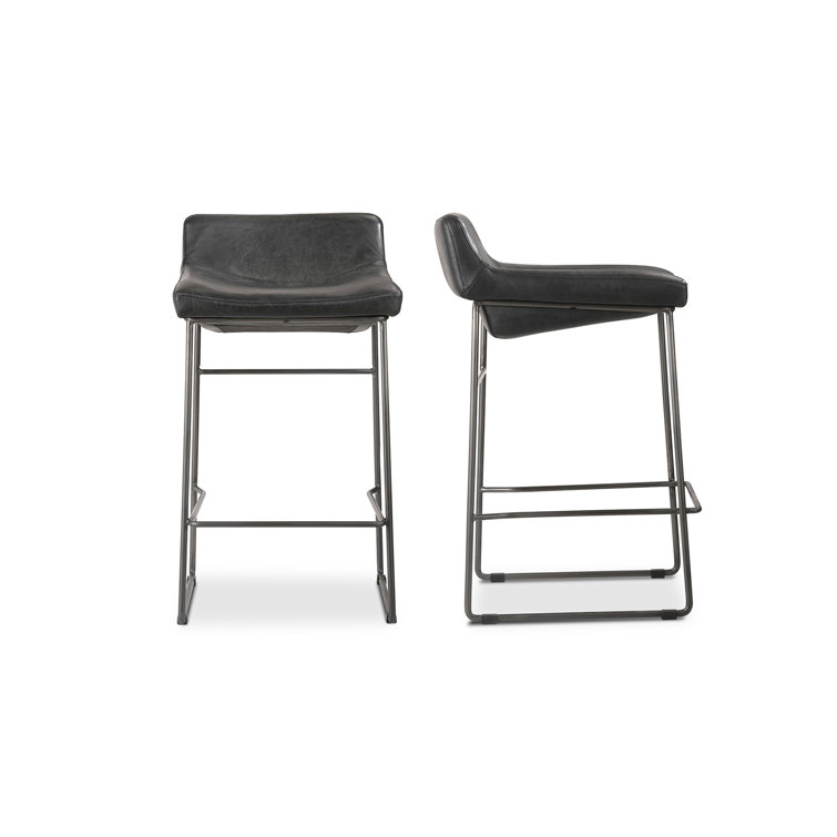 Black Genuine Leather and Iron Saddle Counter Stools, Set of 2