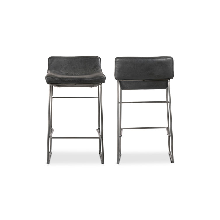 Black Genuine Leather and Iron Saddle Counter Stools, Set of 2