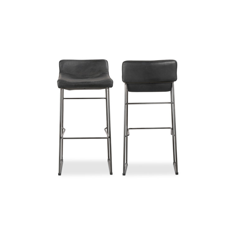 Black Genuine Leather and Iron Saddle Counter Stools, Set of 2