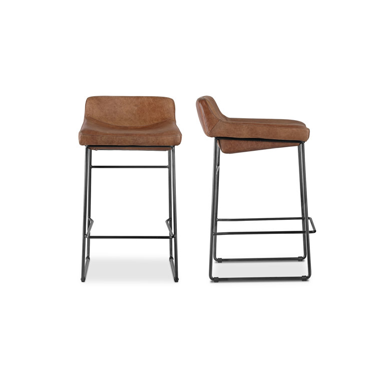 Cappuccino Leather Counter Stool with Iron Legs, Set of 2