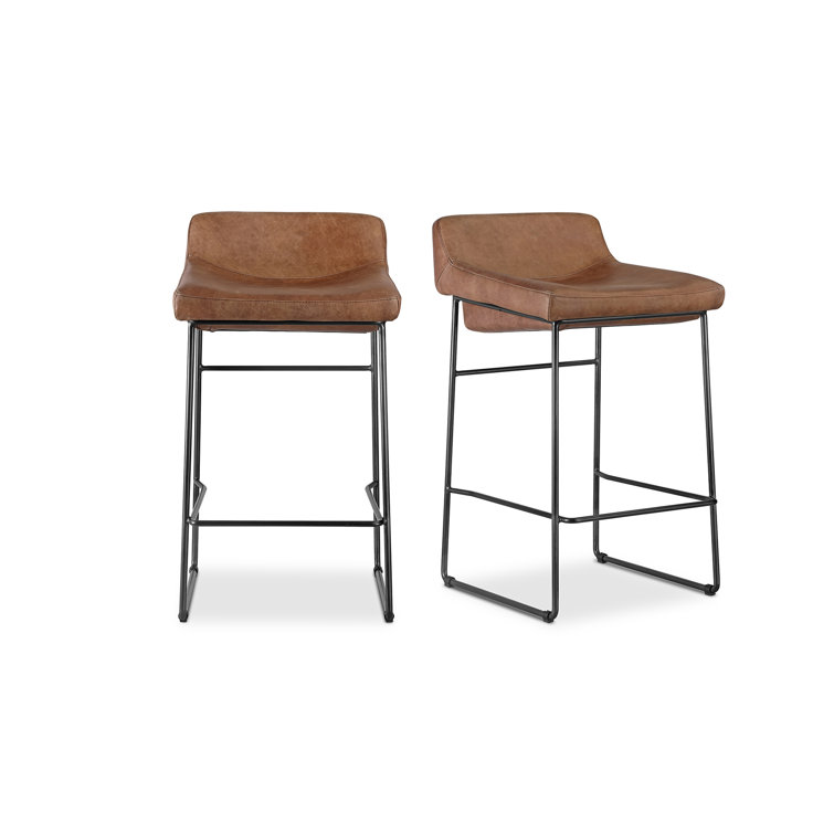 Cappuccino Leather Counter Stool with Iron Legs, Set of 2