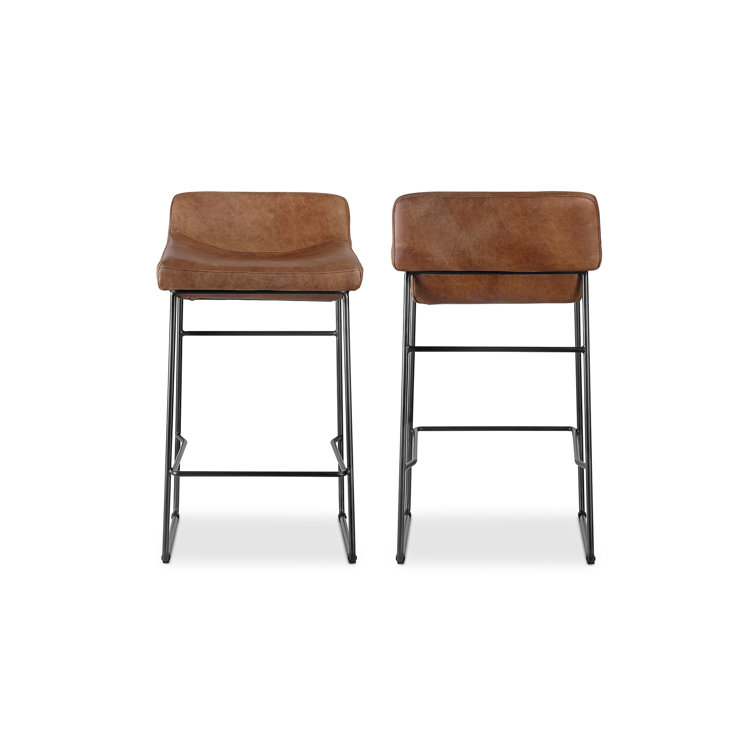 Cappuccino Leather Counter Stool with Iron Legs, Set of 2