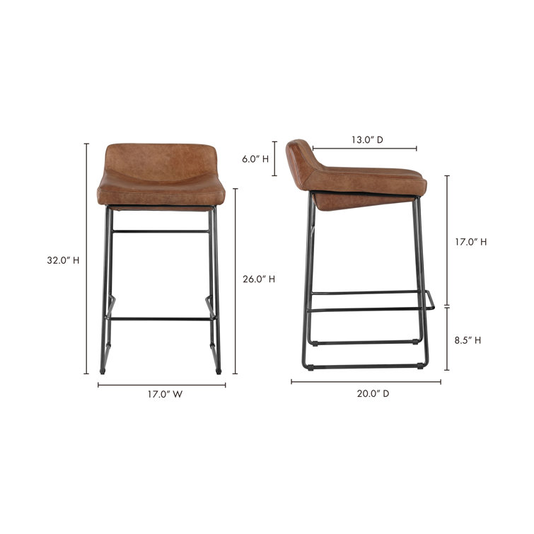 Cappuccino Leather Counter Stool with Iron Legs, Set of 2