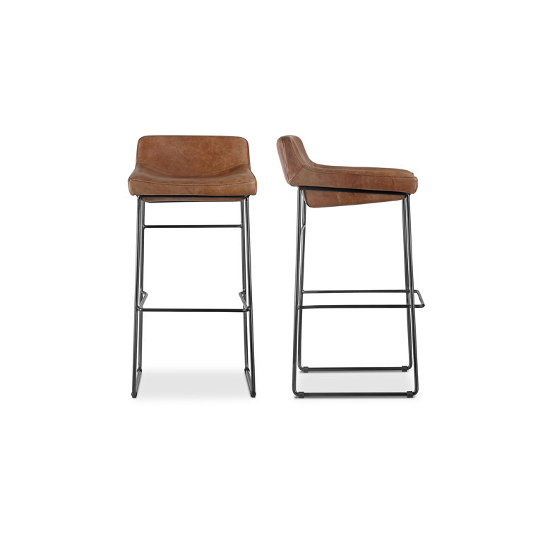 Cappuccino Leather Counter Stool with Iron Legs, Set of 2
