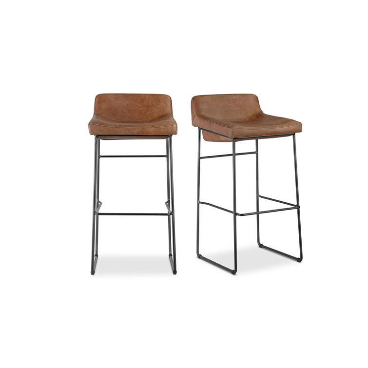 Cappuccino Leather Counter Stool with Iron Legs, Set of 2