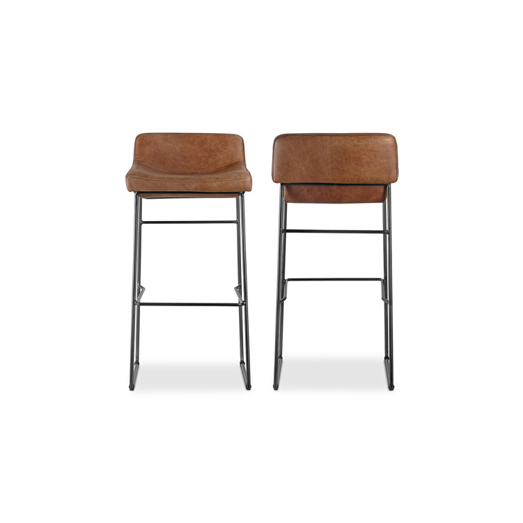 Cappuccino Leather Counter Stool with Iron Legs, Set of 2