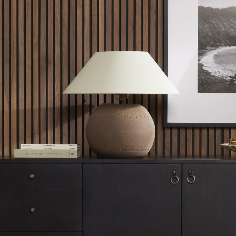 Dark Sand Ceramic Table Lamp with Tapered Linen Shade