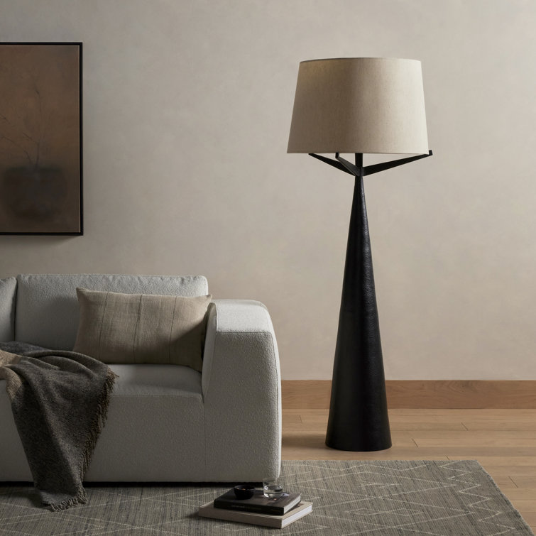 Hammered Black Aluminum Floor Lamp with Beige Cotton Shade