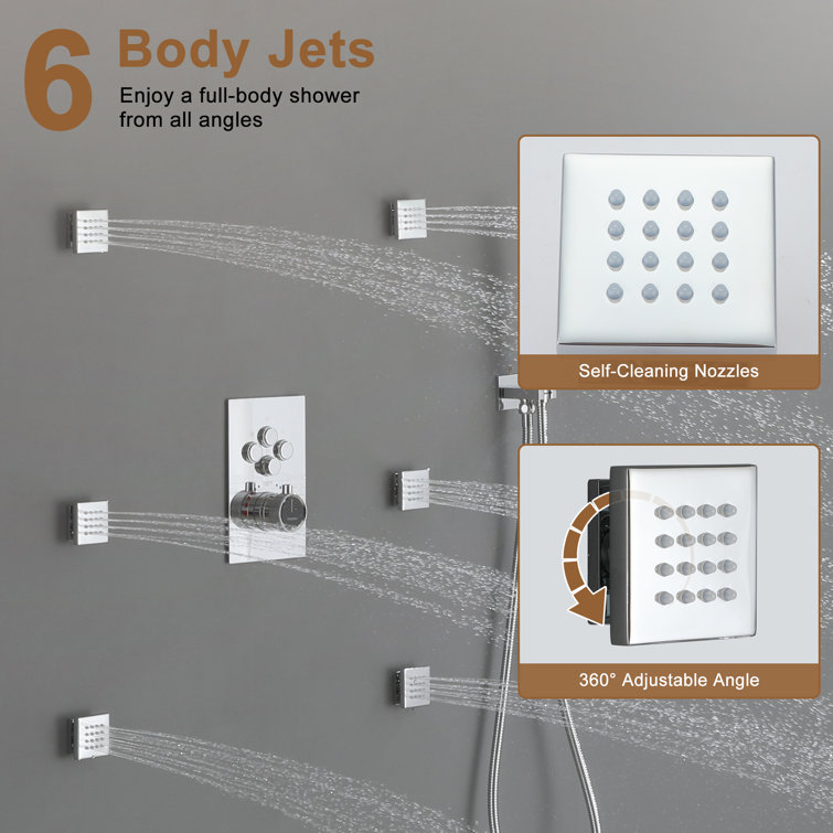 Chrome Dual Head Thermostatic Rainfall Shower System with Jets