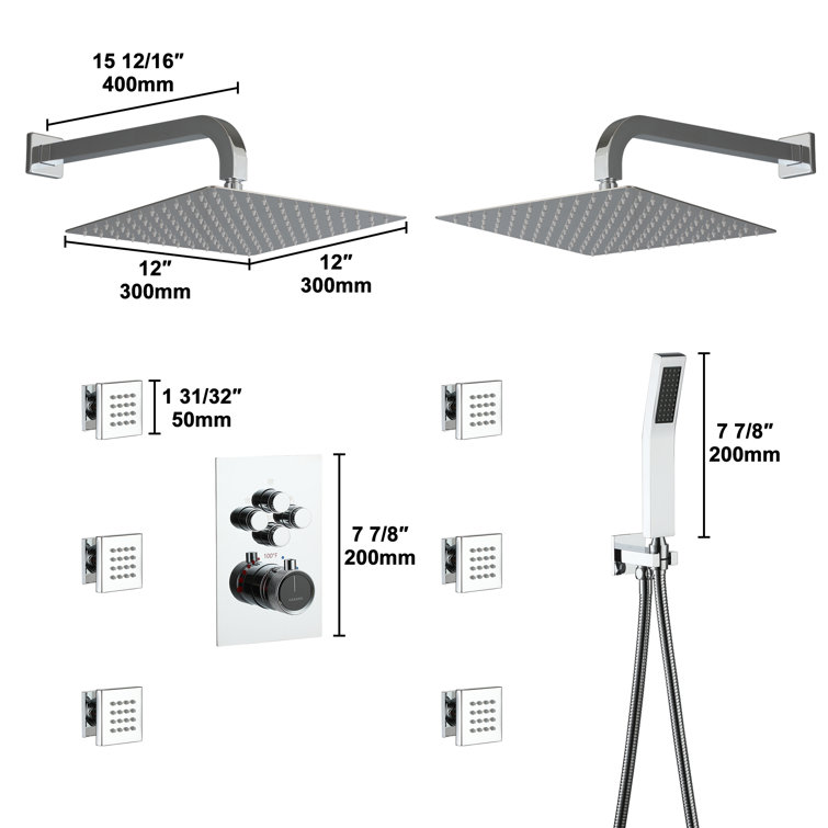 Chrome Dual Head Thermostatic Rainfall Shower System with Jets