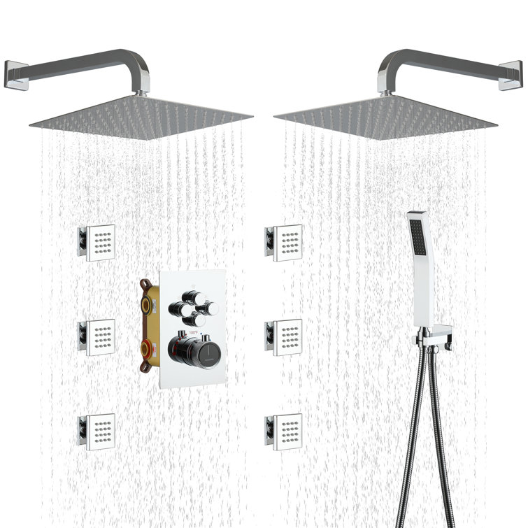 Chrome Dual Head Thermostatic Rainfall Shower System with Jets