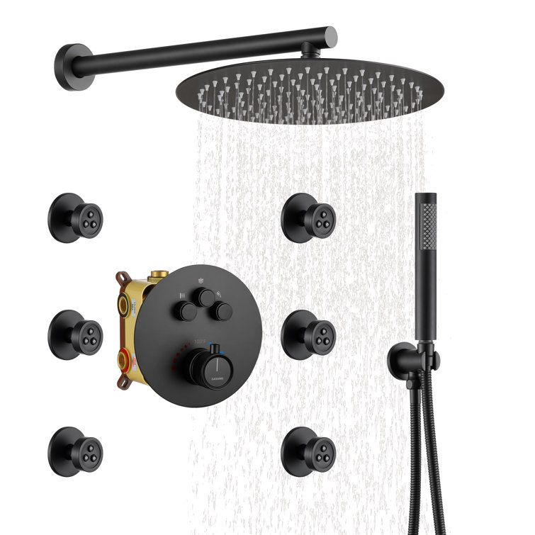 Matte Black Stainless Steel Thermostatic Rain Shower System with Handheld