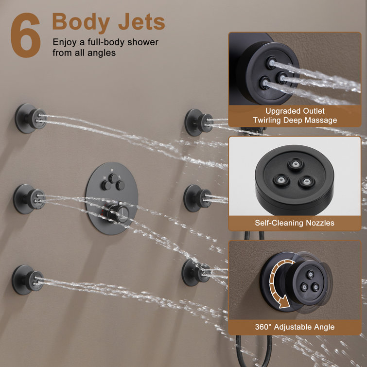 Matte Black Stainless Steel Thermostatic Rain Shower System with Handheld