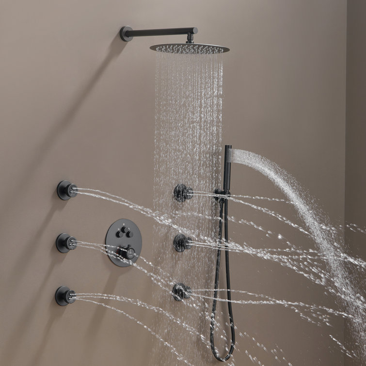 Matte Black Stainless Steel Thermostatic Rain Shower System with Handheld