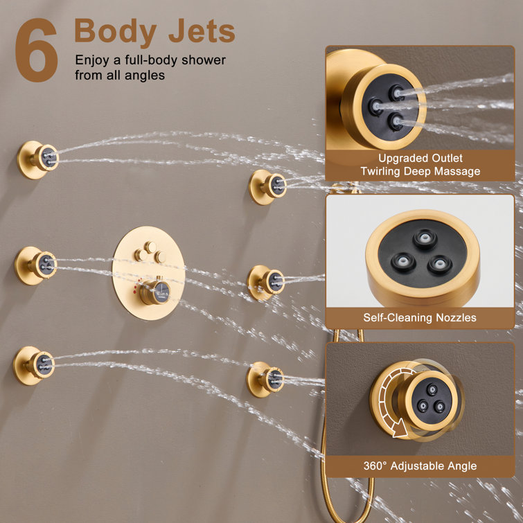 Brushed Gold Multi-Head Thermostatic Rain Shower System