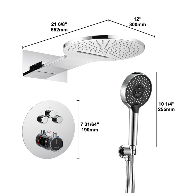Chrome Dual Head Thermostatic Rain Shower System with Handheld
