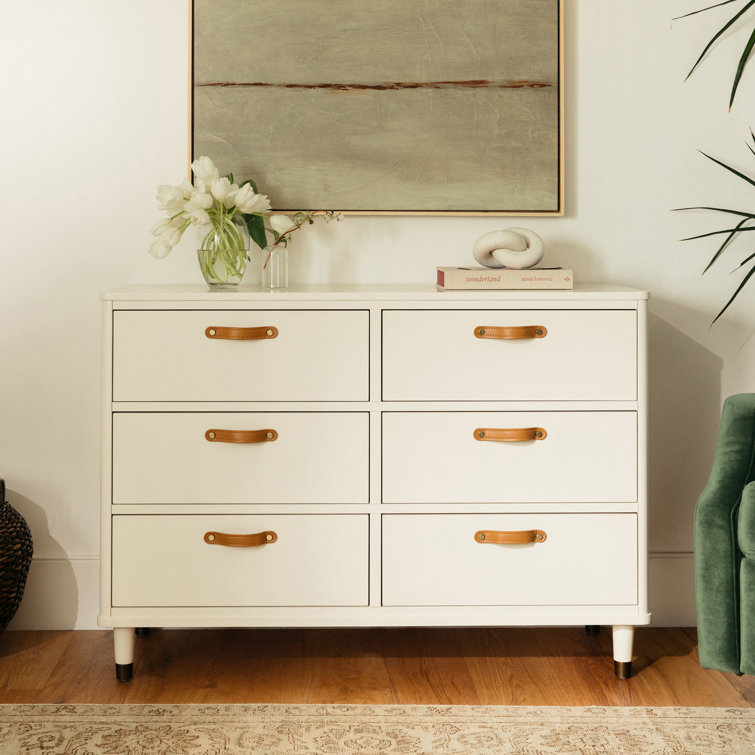 Warm White Tanner Classic 6-Drawer Dresser with Leather Handles