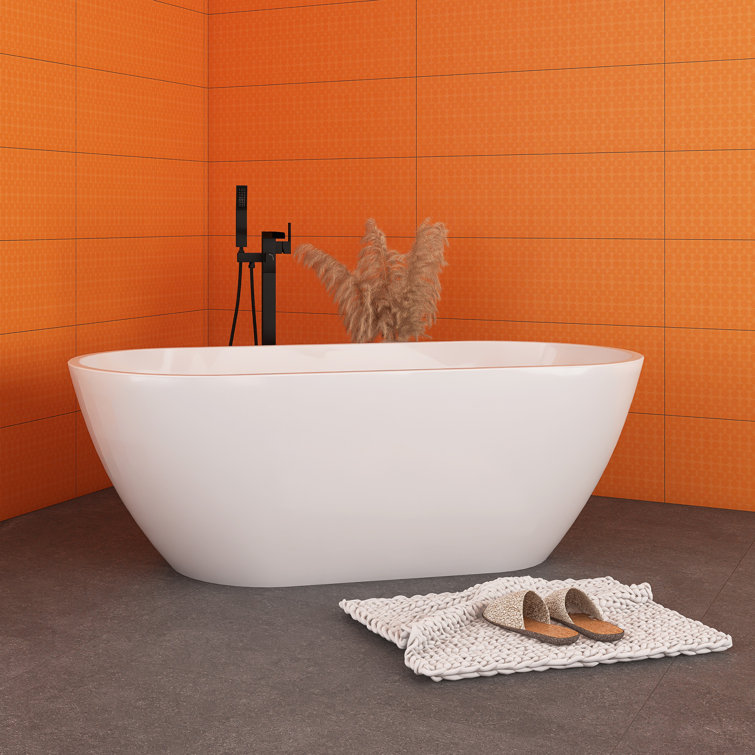 63'' White Acrylic Freestanding Soaking Bathtub with Center Drain