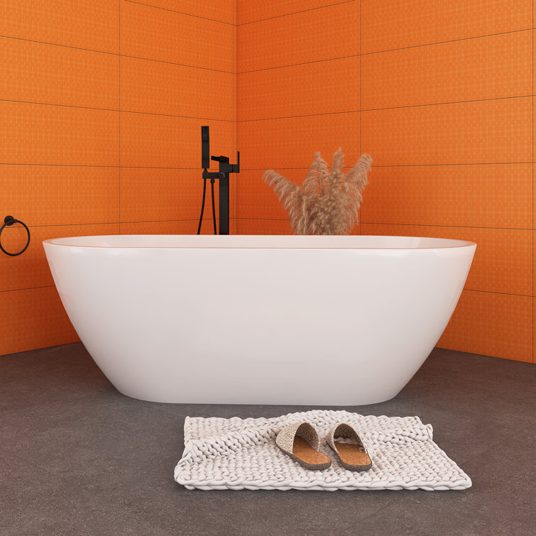 63'' White Acrylic Freestanding Soaking Bathtub with Center Drain