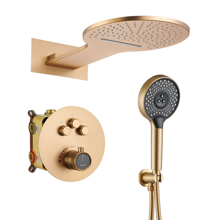 Brushed Gold Thermostatic Rainfall Shower System with Handheld