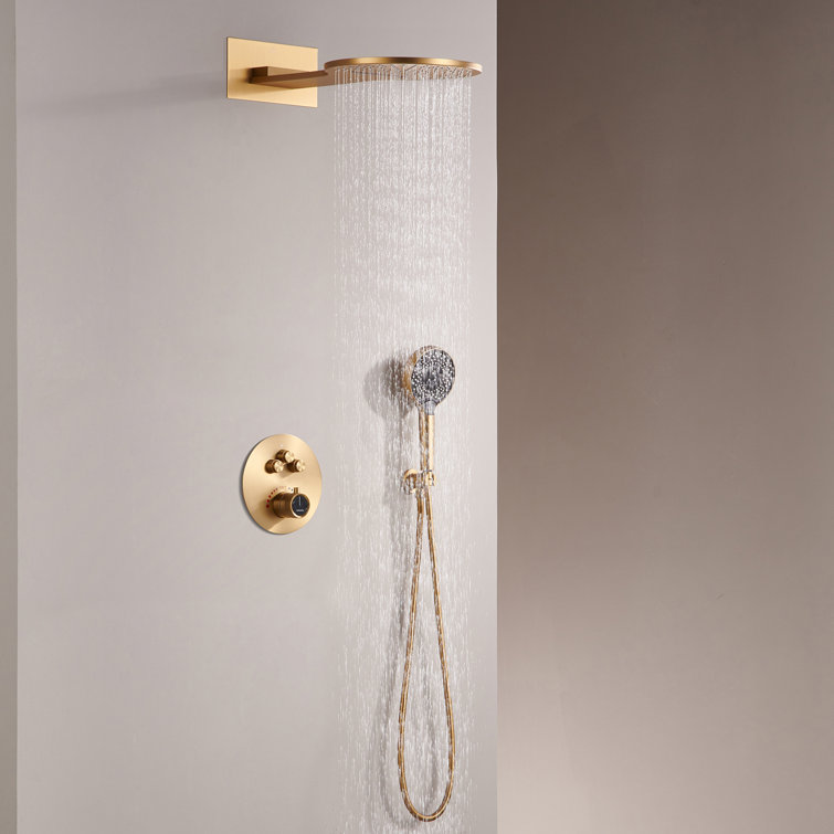 Brushed Gold Thermostatic Rainfall Shower System with Handheld