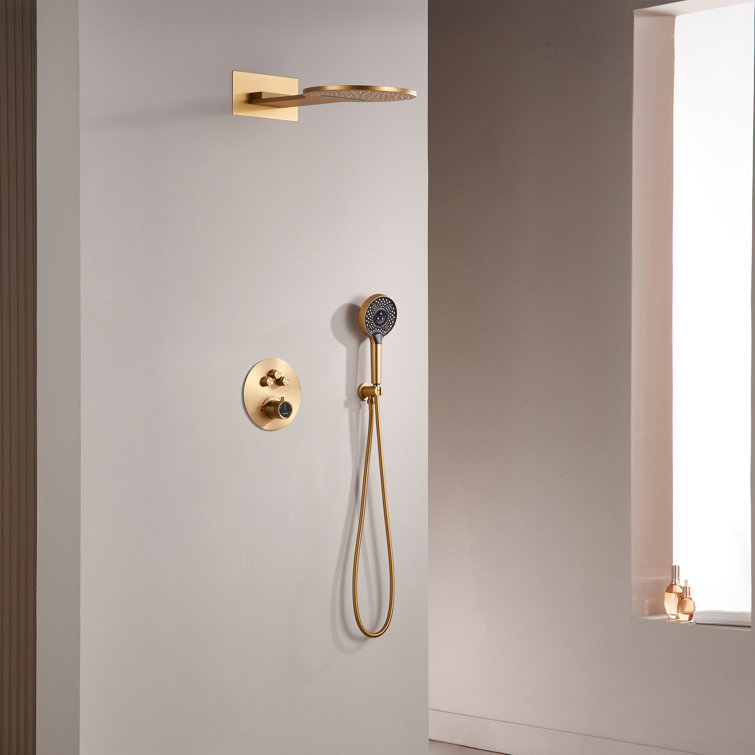 Brushed Gold Thermostatic Rainfall Shower System with Handheld