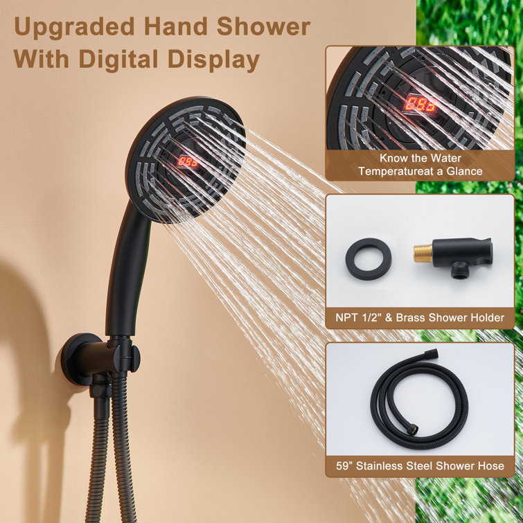 Matte Black Thermostatic Rain Shower System with Digital Display
