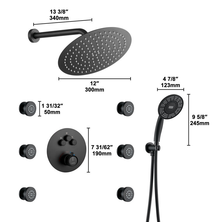 Matte Black Thermostatic Rain Shower System with Digital Display