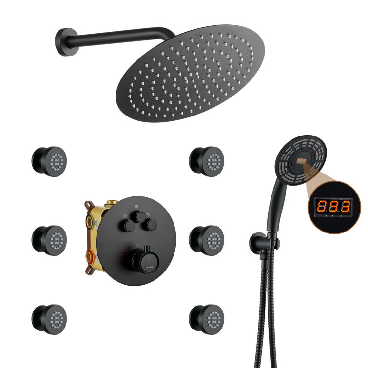 Matte Black Thermostatic Rain Shower System with Digital Display