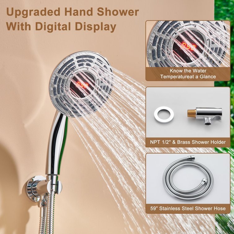 Chrome Thermostatic Rainfall Shower System with Digital Display and Jets