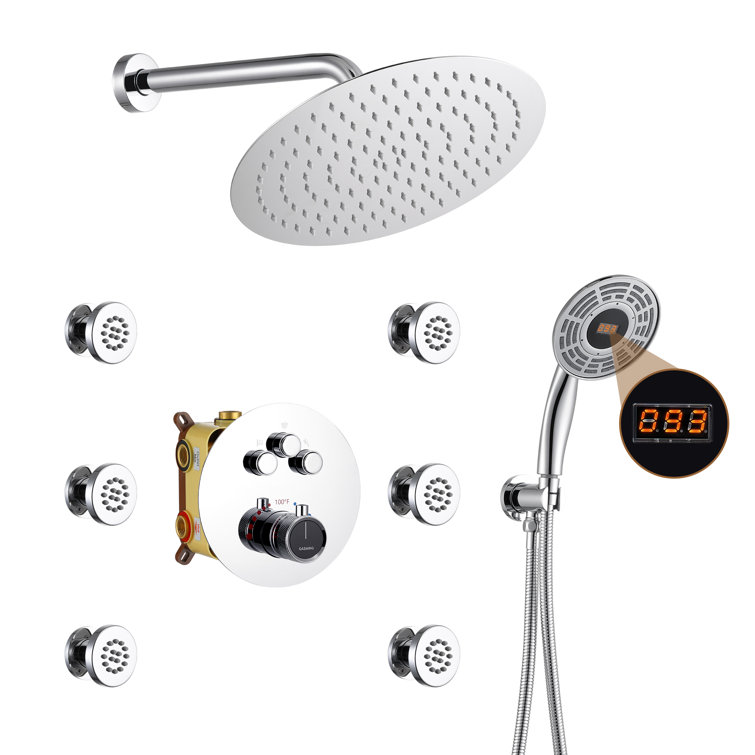 Chrome Thermostatic Rainfall Shower System with Digital Display and Jets