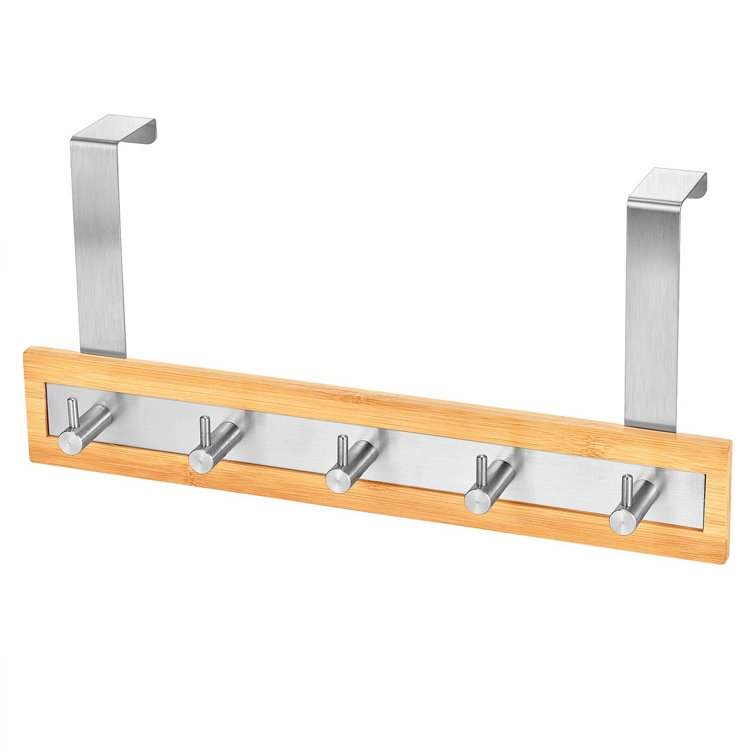 Bamboo and Stainless Steel Over-the-Door 5-Hook Rack