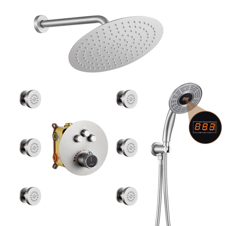 Brushed Nickel Thermostatic Rain Shower System with Digital Display