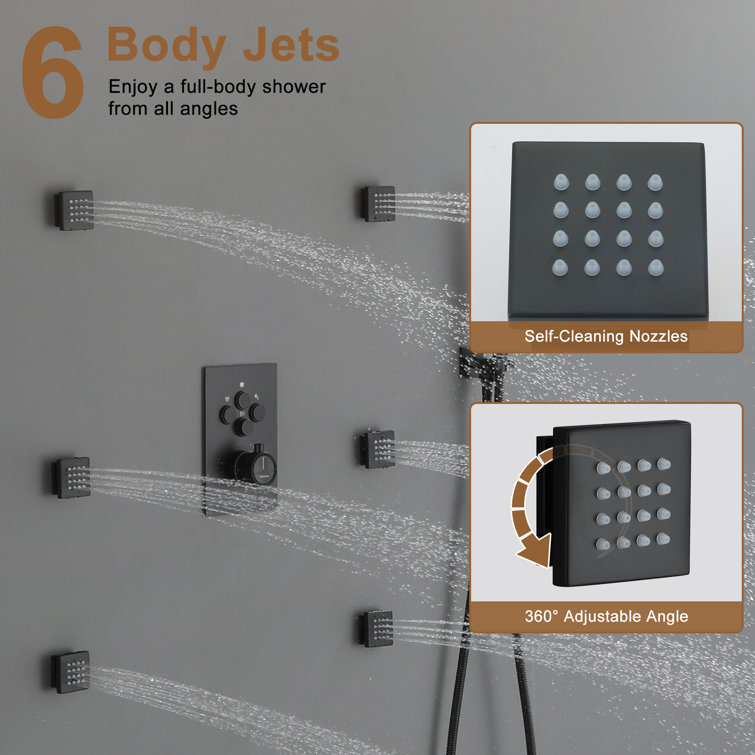 Matte Black Dual Shower Head Thermostatic System with Body Jets