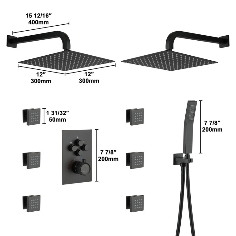 Matte Black Dual Shower Head Thermostatic System with Body Jets
