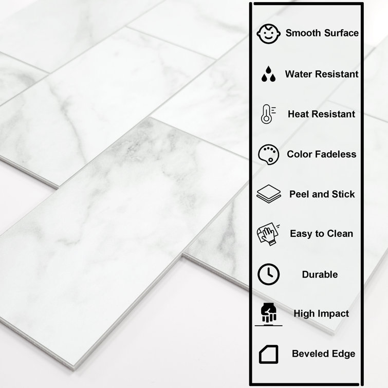 12'' x 12'' White Marble Peel and Stick Subway Tile