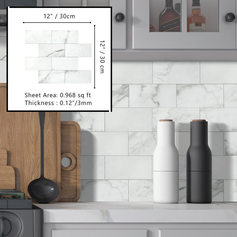 12'' x 12'' White Marble Peel and Stick Subway Tile