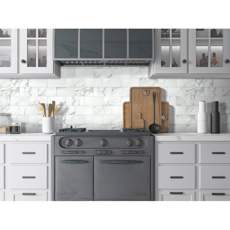 12'' x 12'' White Marble Peel and Stick Subway Tile