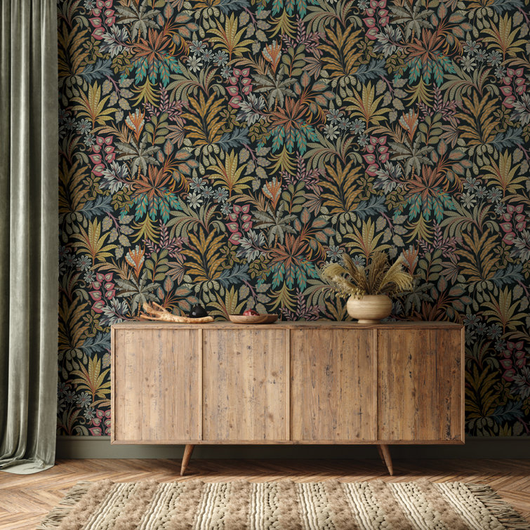 Summer Nights Black Floral Vinyl Peel and Stick Wallpaper Roll