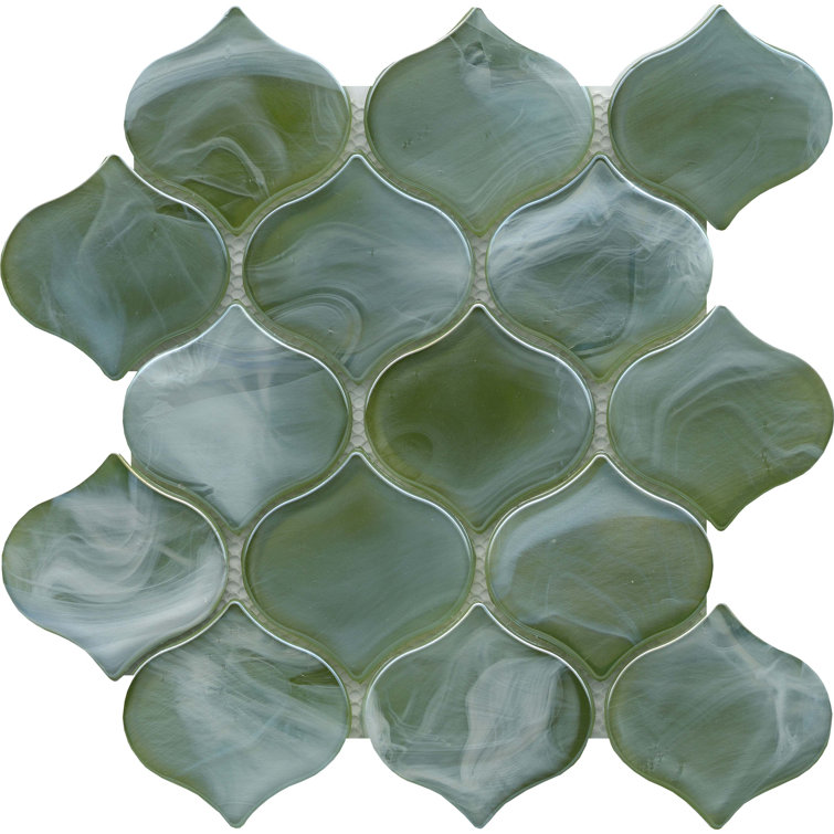 Moss Green Glass Arabesque Mosaic Tile 10" x 10"