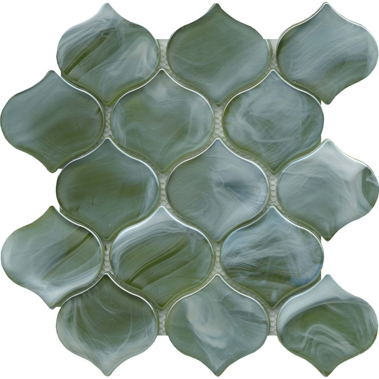 Moss Green Glass Arabesque Mosaic Tile 10" x 10"