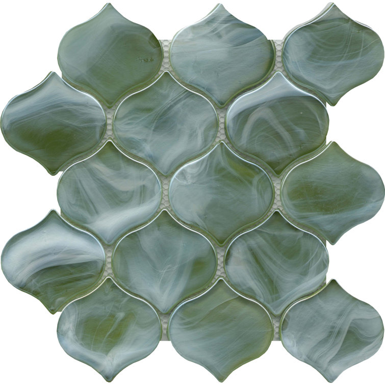 Moss Green Glass Arabesque Mosaic Tile 10" x 10"