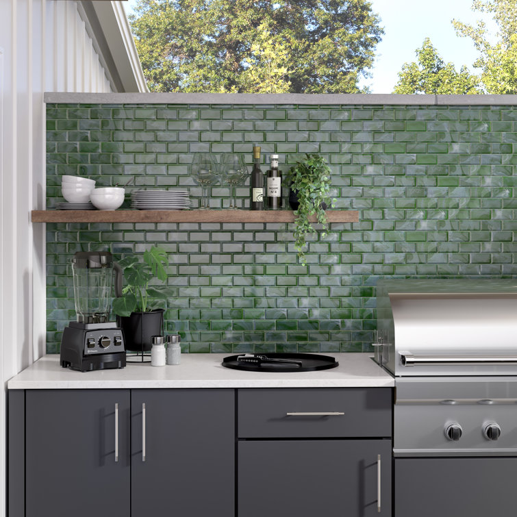 Moss Green Glass Brick Joint Mosaic Tile 12" x 12"