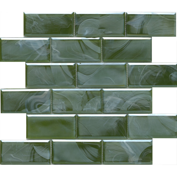 Moss Green Glass Brick Joint Mosaic Tile 12" x 12"