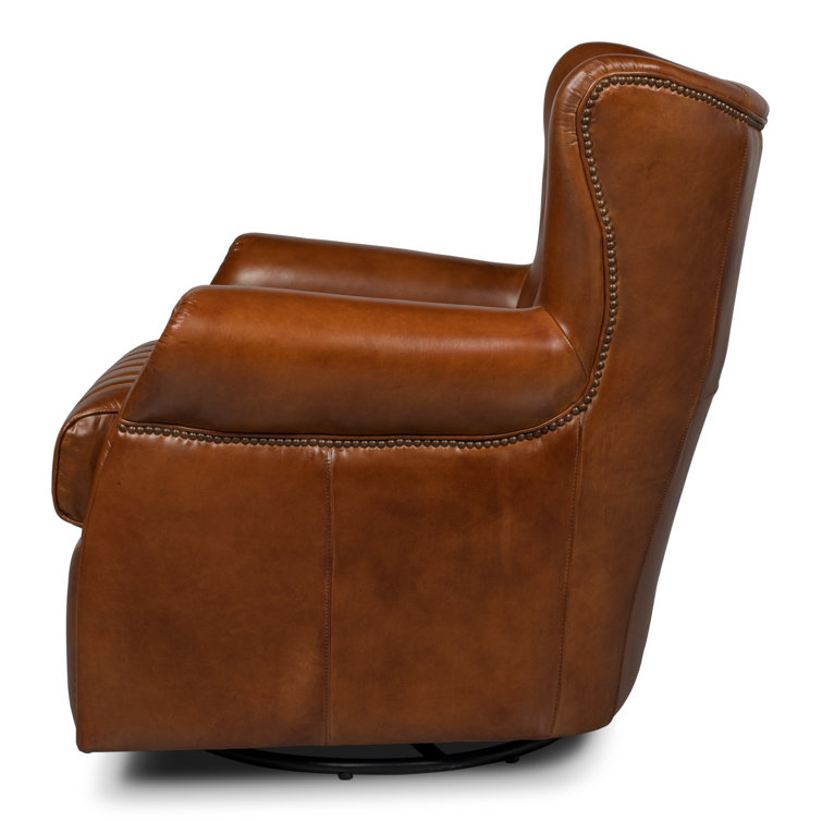 Vintage Havana Dark Brown Genuine Leather Swivel Accent Chair