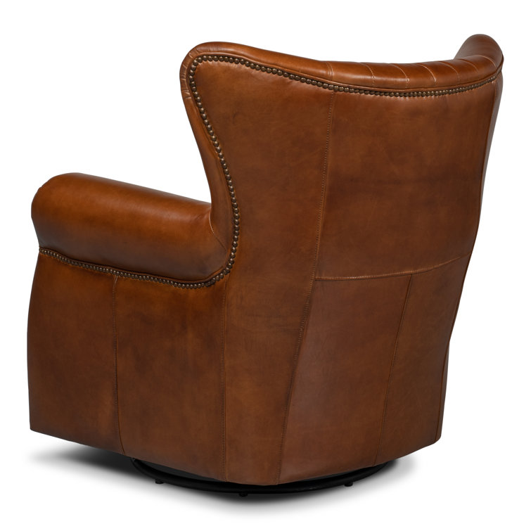 Vintage Havana Dark Brown Genuine Leather Swivel Accent Chair
