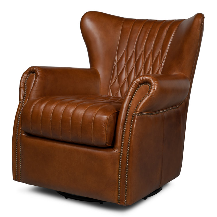 Vintage Havana Dark Brown Genuine Leather Swivel Accent Chair