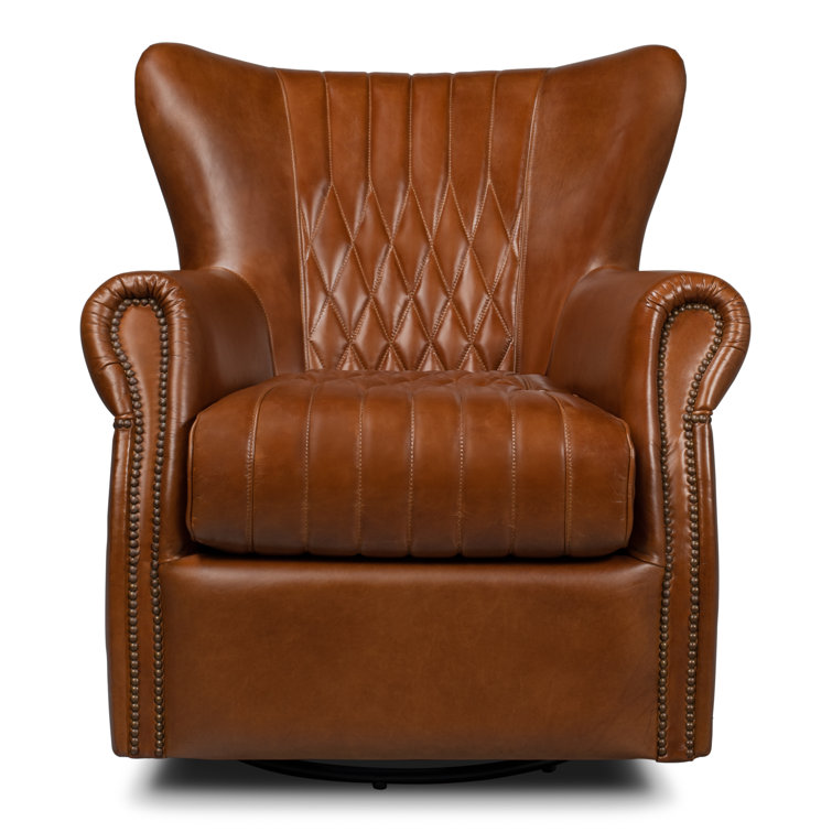 Vintage Havana Dark Brown Genuine Leather Swivel Accent Chair